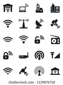 Set of vector isolated black icon - wireless notebook vector, satellite antenna, radio, phone, cellular signal, lock, router, garage gate control