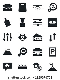 Set of vector isolated black icon - parking vector, seedling, search cargo, tuning, record, data exchange, eye id, estate insurance, cook, hamburger, cutting board, cheese, warm floor, sprinkler