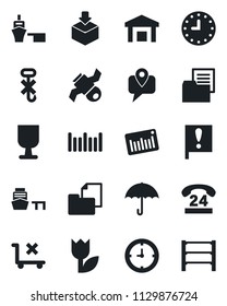Set of vector isolated black icon - important flag vector, satellite, 24 hours, mobile tracking, clock, sea port, folder document, fragile, umbrella, no trolley, hook, tulip, warehouse, package