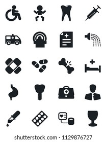 Set of vector isolated black icon - baby vector, disabled, watering, doctor case, diagnosis, syringe, blood pressure, dropper, pills, blister, patch, tomography, ambulance car, hospital bed, stomach