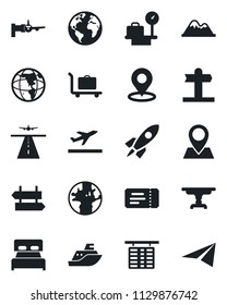 Set of vector isolated black icon - runway vector, departure, baggage trolley, signpost, ticket, boarding, flight table, luggage scales, earth, pin, sea shipping, place tag, mountains, bedroom