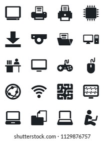 Set of vector isolated black icon - mouse vector, monitor pulse, folder document, gamepad, tv, network, laptop pc, download, wireless, manager desk, printer, notebook, chip, web camera, man with