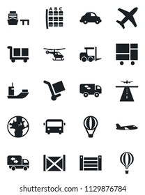 Set of vector isolated black icon - runway vector, airport bus, fork loader, plane, helicopter, seat map, earth, sea shipping, car delivery, port, container, consolidated cargo, moving, air balloon