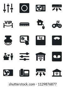 Set of vector isolated black icon - passport control vector, scales, gamepad, tuning, record, stamp, air conditioner, vip zone, home, intercome, app, garage gate