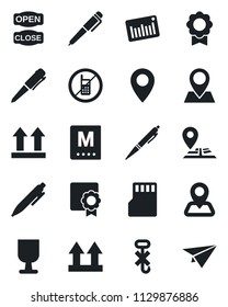 Set of vector isolated black icon - no mobile vector, pen, navigation, pin, fragile, up side sign, hook, barcode, sd, sertificate, menu, open close, paper plane