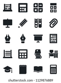 Set of vector isolated black icon - book vector, calculator, graduate, abacus, desk, notepad, presentation board, paper clip, ink pen, pencil