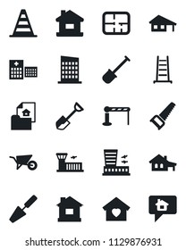 Set of vector isolated black icon - barrier vector, border cone, airport building, trowel, shovel, ladder, wheelbarrow, saw, house, hospital, with garage, plan, estate document, sweet home, city