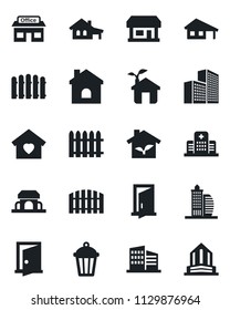 Set Of Vector Isolated Black Icon - Fence Vector, House, Garden Light, Hospital, Store, Office Building, With Garage, Sweet Home, Cafe, Eco, Door