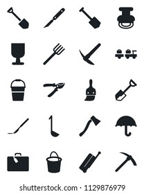 Set of vector isolated black icon - suitcase vector, baggage larry, job, shovel, farm fork, bucket, pruner, axe, scalpel, fragile, umbrella, themes, stamp, ladle, hard work