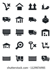 Set of vector isolated black icon - sea shipping vector, truck trailer, cargo container, car delivery, warehouse storage, up side sign, no trolley, hook, package, search, moving