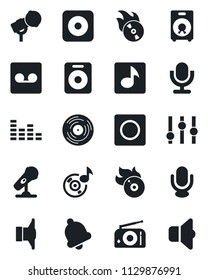 Set of vector isolated black icon - vinyl vector, flame disk, microphone, radio, speaker, settings, equalizer, rec button, bell, record, music, sound