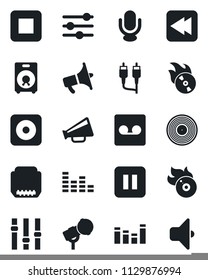 Set of vector isolated black icon - vinyl vector, flame disk, microphone, loudspeaker, settings, equalizer, speaker, pause button, stop, rewind, rec, rca, hdmi, tuning, record, sound