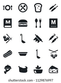 Set of vector isolated black icon - spoon and fork vector, cafe, menu, salad, bacon, waiter, bread, chicken, kebab, hamburger, ladle, bowl, rolling pin, sushi, cheese