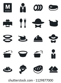 Set of vector isolated black icon - spoon and fork vector, waiter, dish, restaurant table, serviette, menu, plates, dress code, chicken, steak, bowl, steaming pan