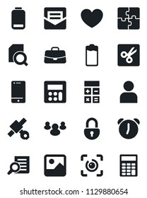 Set of vector isolated black icon - case vector, calculator, document search, heart, satellite, cell phone, group, battery, low, gallery, user, alarm, mail, cut, lock, eye id, application