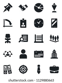 Set of vector isolated black icon - handshake vector, mobile phone, identity card, office chair, pennant, team, binder, document search, tie, crisis graph, user, clock, calendar, drawing pin, pie