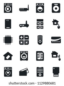 Set of vector isolated black icon - washer vector, calculator, speaker, phone back, sim, smart home, credit card, control, chip, remote, router, usb flash