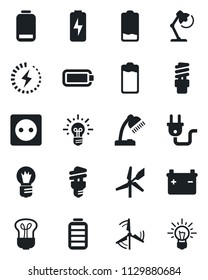 Set of vector isolated black icon - bulb vector, battery, low, charge, desk lamp, windmill, socket, power plug, energy saving, idea