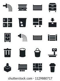 Set of vector isolated black icon - trash bin vector, checkroom, bucket, watering, railroad, truck trailer, cargo container, consolidated, package, oil barrel, heavy scales, archive box