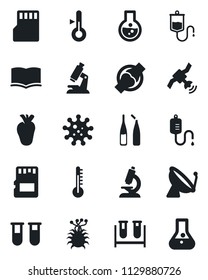 Set of vector isolated black icon - satellite antenna vector, book, blood test vial, dropper, microscope, ampoule, real heart, joint, virus, sd, thermometer, flask
