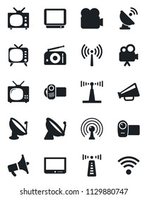 Set of vector isolated black icon - antenna vector, satellite, radio, loudspeaker, tv, video camera, wireless
