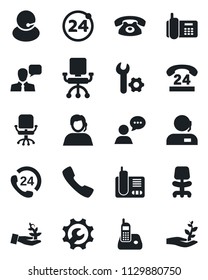 Set of vector isolated black icon - 24 around vector, office chair, phone, hours, support, speaker, radio, call, root setup, palm sproute