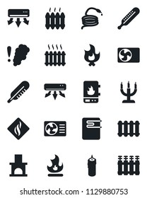 Set of vector isolated black icon - fire vector, hose, fireplace, thermometer, heater, air conditioner, candle, water, smoke detector, radiator