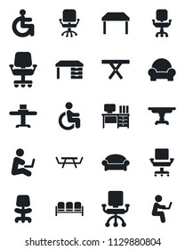 Set of vector isolated black icon - waiting area vector, office chair, desk, picnic table, disabled, cushioned furniture, restaurant, man with notebook