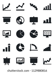 Set of vector isolated black icon - growth statistic vector, presentation board, crisis graph, circle chart, monitor pulse, statistics, bar, pie, point