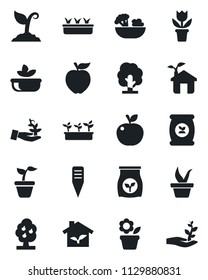 Set of vector isolated black icon - flower in pot vector, seedling, tree, sproute, plant label, fertilizer, fruit, salad, apple, eco house, palm