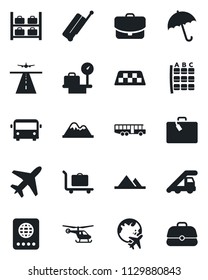 Set of vector isolated black icon - plane vector, runway, taxi, suitcase, baggage trolley, airport bus, umbrella, passport, ladder car, helicopter, seat map, luggage storage, scales, globe, case