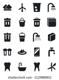 Set of vector isolated black icon - trash bin vector, shower, bucket, tooth, mobile, blank box, water supply, bathroom, serviette, filter, windmill