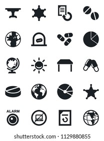 Set of vector isolated black icon - no laptop vector, ticket office, globe, document reload, pills, earth, pie graph, table, police, alarm led