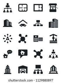 Set of vector isolated black icon - hierarchy vector, well, molecule, hospital, office building, garage, plan, home message