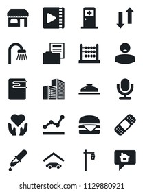 Set of vector isolated black icon - shop vector, medical room, garden light, dropper, patch, heart hand, patient, microphone, data exchange, video, office building, document folder, abacus, garage