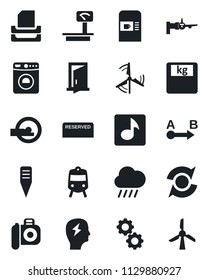 Set of vector isolated black icon - coffee machine vector, train, washer, boarding, brainstorm, rain, plant label, scales, tomography, heavy, route, camera, music, update, paper tray, windmill, gear