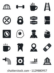 Set of vector isolated black icon - ladder vector, watering, greenhouse, patch, barbell, caries, pin, heavy, oil barrel, compass, coffee, copier, pool, cook, cafe, open close, omelette, fridge