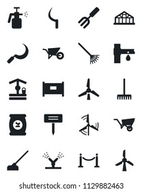 Set of vector isolated black icon - fence vector, garden fork, rake, wheelbarrow, well, hoe, sickle, plant label, greenhouse, sprayer, fertilizer, drip irrigation, windmill