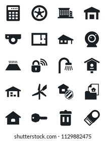 Set of vector isolated black icon - bird house vector, warehouse, with garage, plan, estate document, office building, key, bathroom, insurance, fan, wireless lock, web camera, warm floor, trash bin