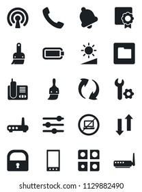 Set of vector isolated black icon - no laptop vector, radio phone, mobile, call, update, tuning, themes, bell, folder, data exchange, brightness, lock, battery, application, sertificate, root setup