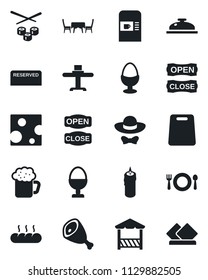 Set of vector isolated black icon - coffee machine vector, restaurant table, cafe, reserved, reception, beer, egg stand, bread, candle, dress code, open close, alcove, ham, cutting board, sushi