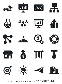 Set of vector isolated black icon - alarm led vector, target, group, arrow up graph, palm sproute, money bag, pennon, search, flask, paper plane, social media, hierarchy, crisis management, mail
