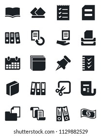 Set of vector isolated black icon - contract vector, book, office binder, document, calendar, reload, folder, news, paper pin, cut, blank box, checklist, tray, serviette, cash