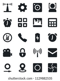 Set of vector isolated black icon - antenna vector, no mobile, call, camera, settings, calculator, alarm, mail, record, scanner, brightness, place tag, lock, face id, video, charge, application