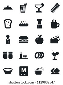 Set of vector isolated black icon - waiter vector, cook, alcohol, menu, reception, cocktail, phyto bar, coffee, plates, bacon, salt and pepper, bread, credit card, hamburger, bowl, steaming pan