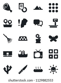 Set of vector isolated black icon - taxi vector, document reload, rake, butterfly, route, heavy scales, railroad, dialog, menu, application, pool, mountains, tv, flower in pot, bread, ham, knife