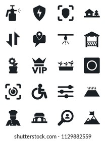 Set Of Vector Isolated Black Icon - Vip Vector, Disabled, Seedling, Garden Sprayer, Mobile Tracking, Protect, Tuning, Record, Data Exchange, Face Id, Eye, House With Tree, Flower In Pot, Cook