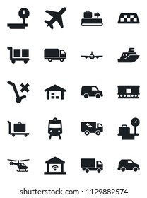 Set of vector isolated black icon - plane vector, taxi, baggage conveyor, trolley, train, helicopter, luggage scales, sea shipping, car delivery, cargo, no, heavy, railroad, warehouse, moving