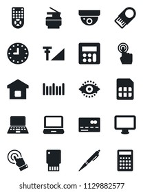 Set of vector isolated black icon - credit card vector, notebook pc, clock, barcode, remote control, touch screen, monitor, laptop, calculator, sim, eye id, cellular signal, copier, pen, smart home