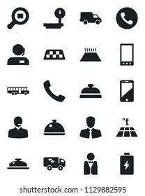 Set of vector isolated black icon - taxi vector, airport bus, phone, client, car delivery, heavy scales, search cargo, cell, mobile, call, support, moving, waiter, dish, reception, warm floor